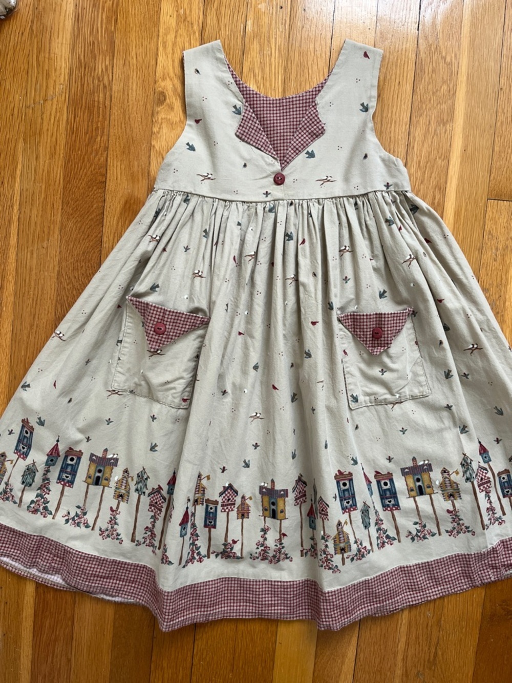 Girls Handmade Cotton Vintage 90s Bird & Birdhouse Country Jumper Dress - Picture 10 of 14